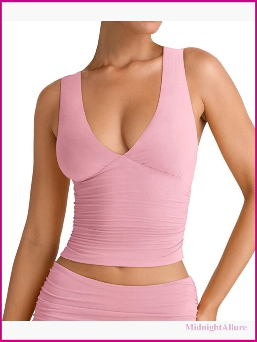 Deep V-Neck Ruched Crop Tank Top - Double Lined Sleeveless Summer Top